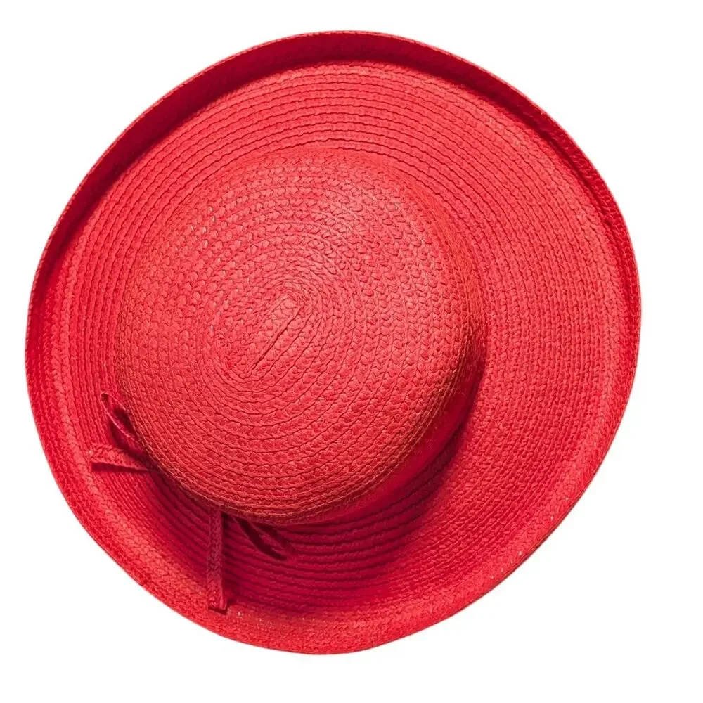 Betmar New York Vintage Red Paper Cotton Blend Logo Ribbon Flip Brim Sun Hat